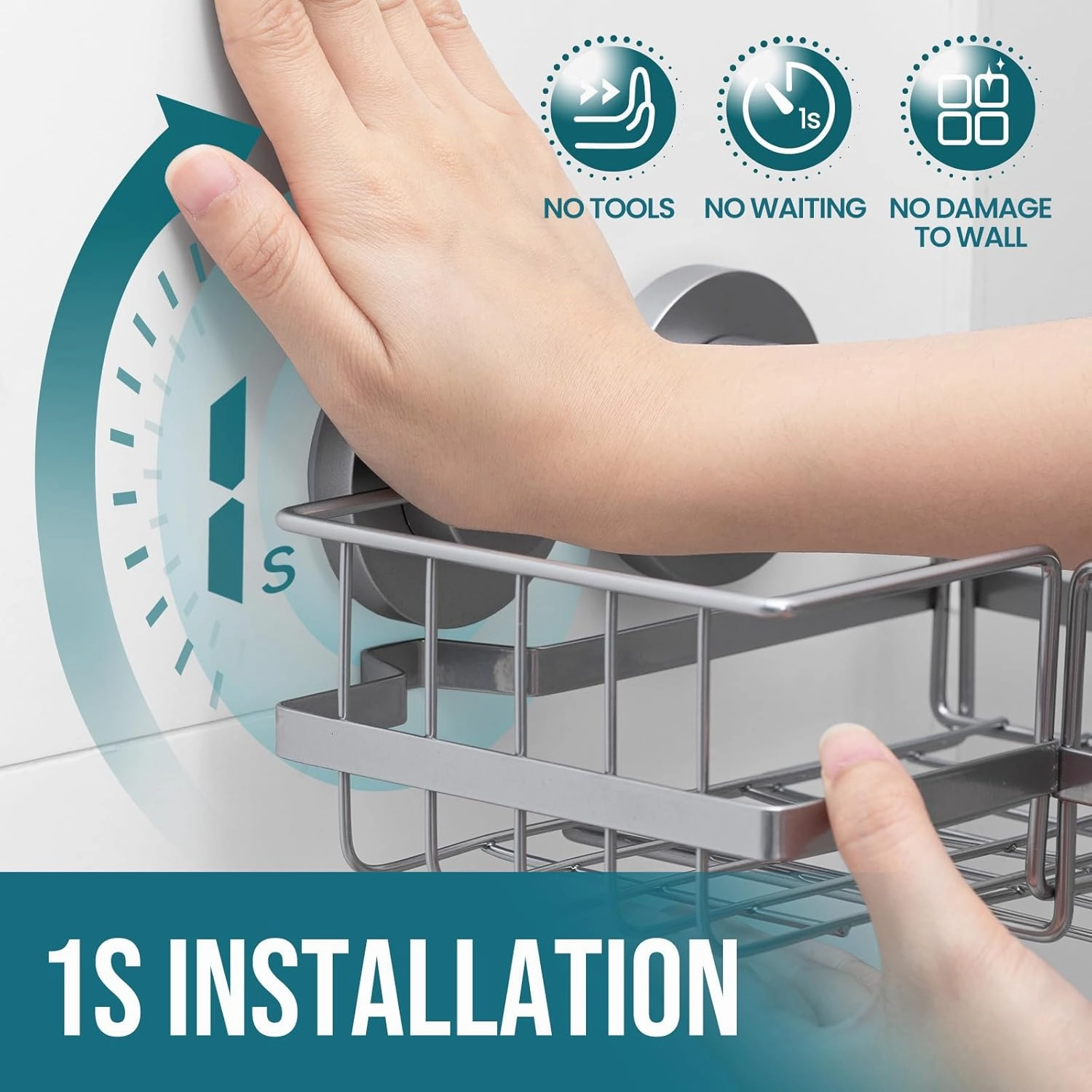 TAILI 2 Pack Corner-adaptive Suction Cup Shower Caddy, Stainless Steel Rustproof Corner Shower Shelves, Drill-Free Wall Mounted Baskets, Large Capacity Removable Suction Cup Bathroom Organizer, Gray