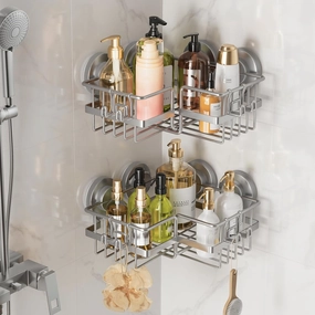 TAILI 2 Pack Corner-adaptive Suction Cup Shower Caddy, Stainless Steel Rustproof Corner Shower Shelves, Drill-Free Wall Mounted Baskets, Large Capacity Removable Suction Cup Bathroom Organizer, Gray