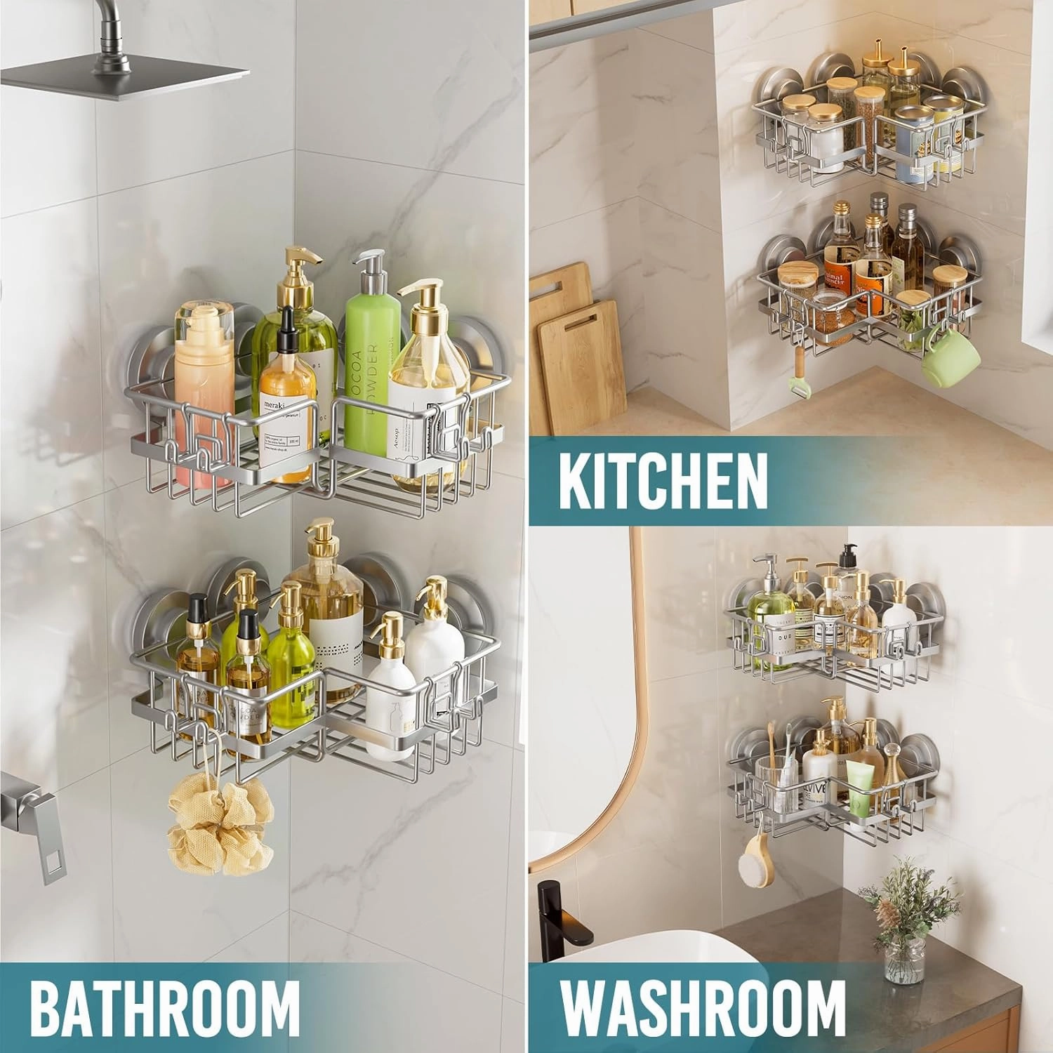 TAILI 2 Pack Corner-adaptive Suction Cup Shower Caddy, Stainless Steel Rustproof Corner Shower Shelves, Drill-Free Wall Mounted Baskets, Large Capacity Removable Suction Cup Bathroom Organizer, Gray