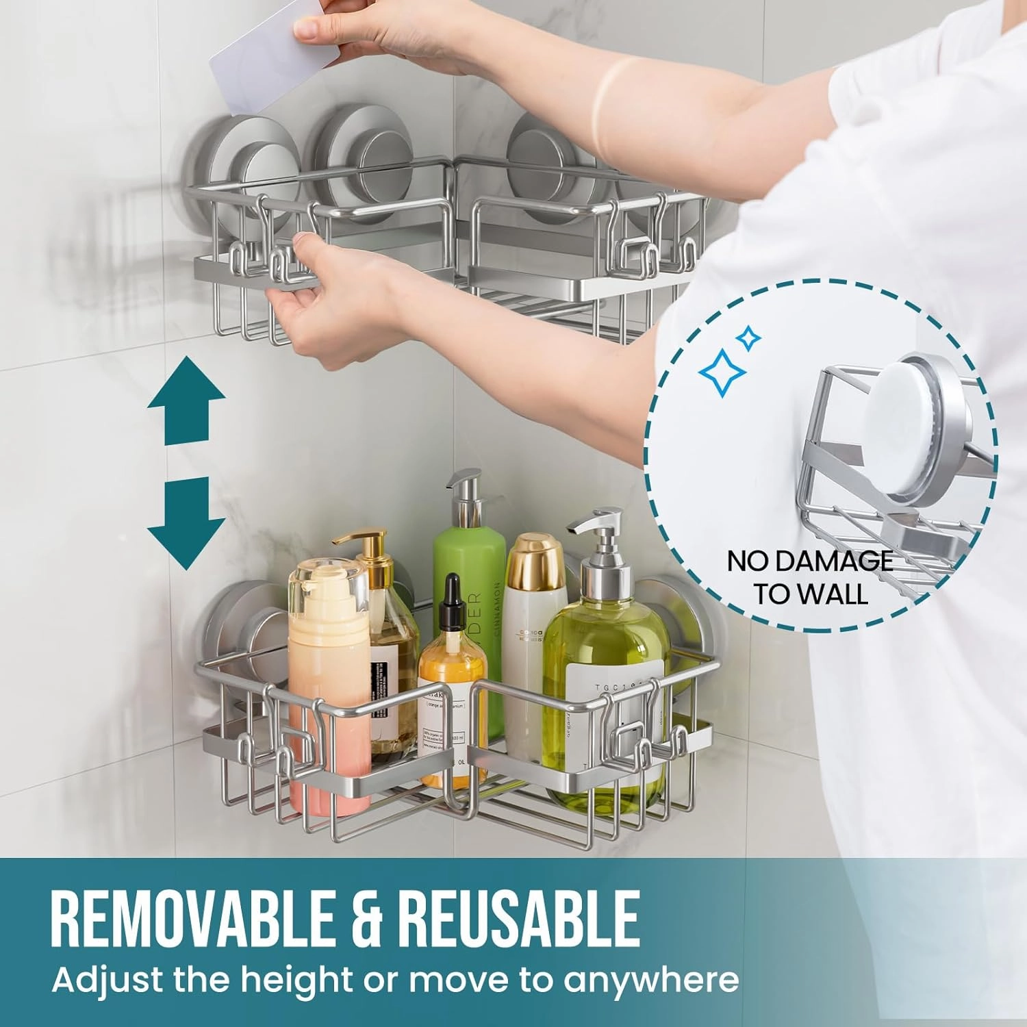 TAILI 2 Pack Corner-adaptive Suction Cup Shower Caddy, Stainless Steel Rustproof Corner Shower Shelves, Drill-Free Wall Mounted Baskets, Large Capacity Removable Suction Cup Bathroom Organizer, Gray