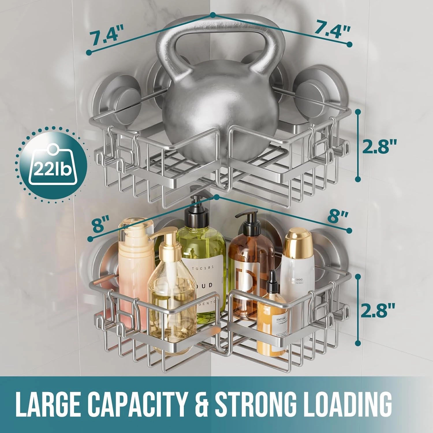 TAILI 2 Pack Corner-adaptive Suction Cup Shower Caddy, Stainless Steel Rustproof Corner Shower Shelves, Drill-Free Wall Mounted Baskets, Large Capacity Removable Suction Cup Bathroom Organizer, Gray