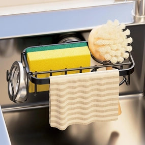 TAILI 4-in-1 Sponge Holder for Kitchen Sink with Strong Suction Cup Removable, Rustproof Aluminum Sink Caddy for Sponge, Brush, Scrubber, Scraper -Black