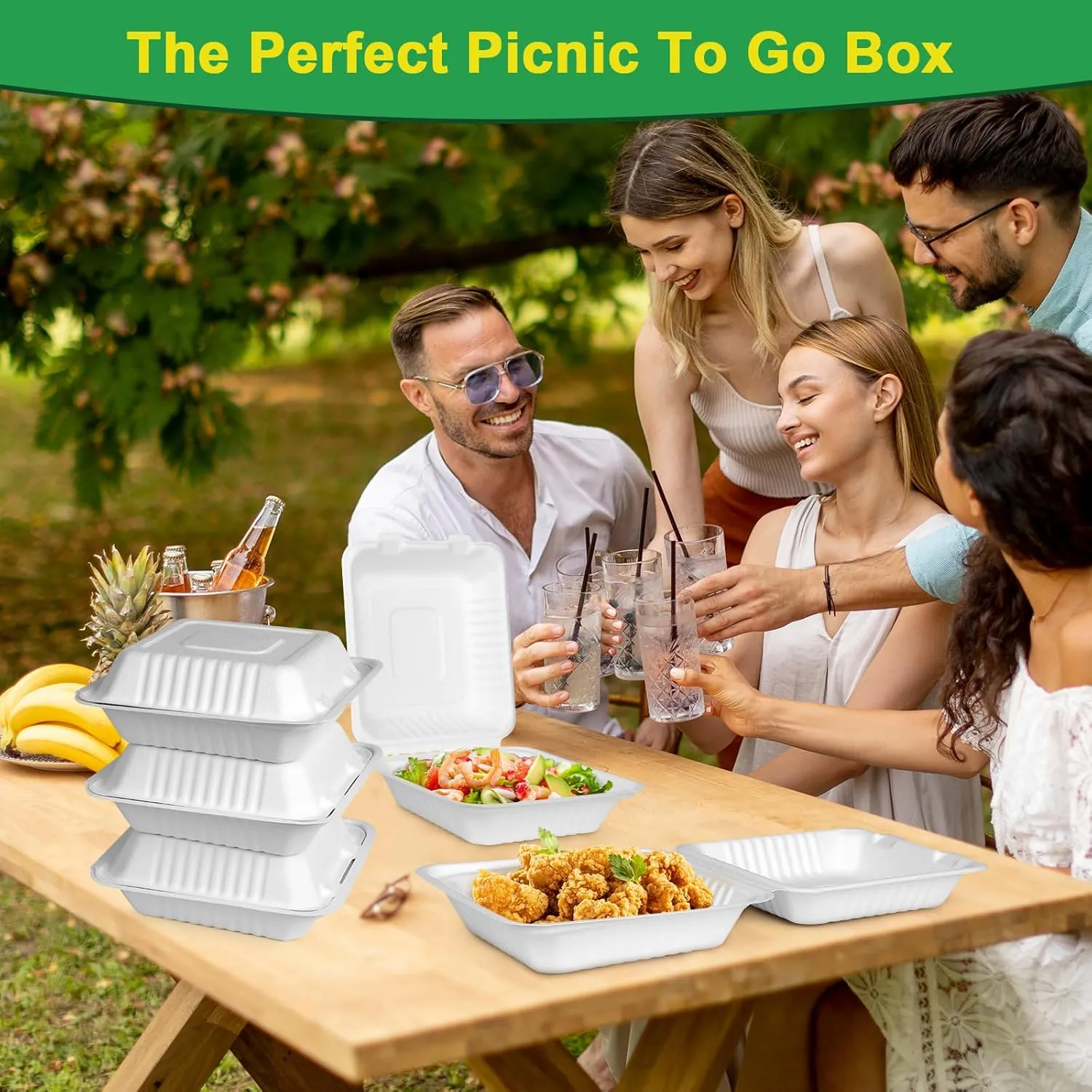 Take Out Food Containers With Lids, 100 Pack Clamshell To Go Containers, 9x9 Carry Out Container For Food, Eco-Friendly Biodegradable To Go Boxes, Biodegradable Made From White Sugarcane Fibers