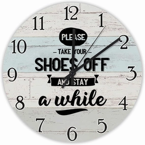 Take Your Shoes Off Wall Clock Inspirational Quotes Wooden Wall Clocks Battery Operated 15 Inch Non-Ticking Retro Cabin Wall Decor for Kitchen Bedroom Living Room Office