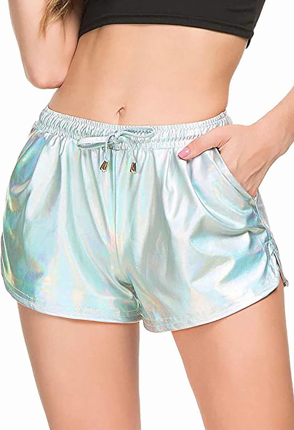 Tandisk Women's Yoga Hot Shorts Shiny Metallic Pants with Elastic Drawstring