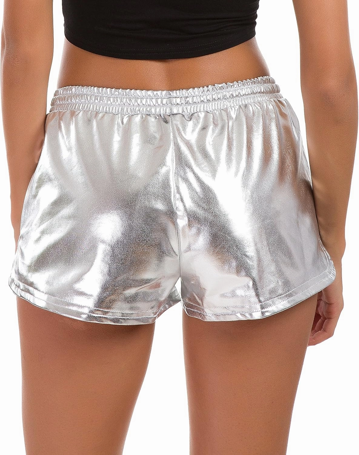 Tandisk Women's Yoga Hot Shorts Shiny Metallic Pants with Elastic Drawstring