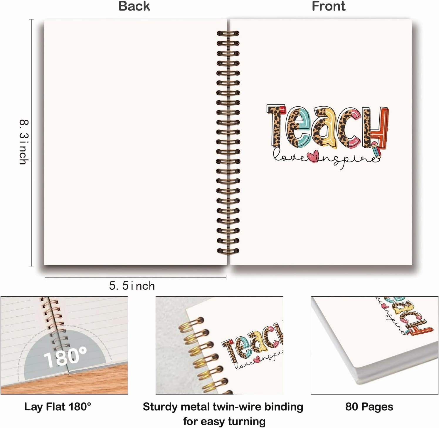 Teacher Spiral Journaling Notebooks,Teacher Appreciation Gift,Ruled Hardbound Journal,Writing Notebooks School Office Supplies,Teach Love Inspire Spiral Notebook Journal