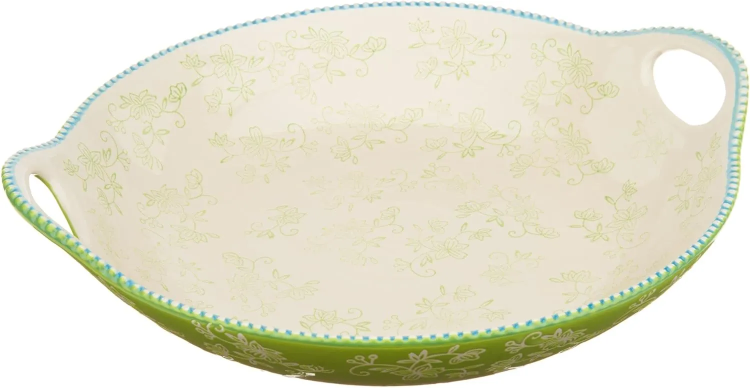 Temp-tations Round Centerpiece Bowl, 14"x13", Stoneware, Bake & Serve (Floral Lace Lime)