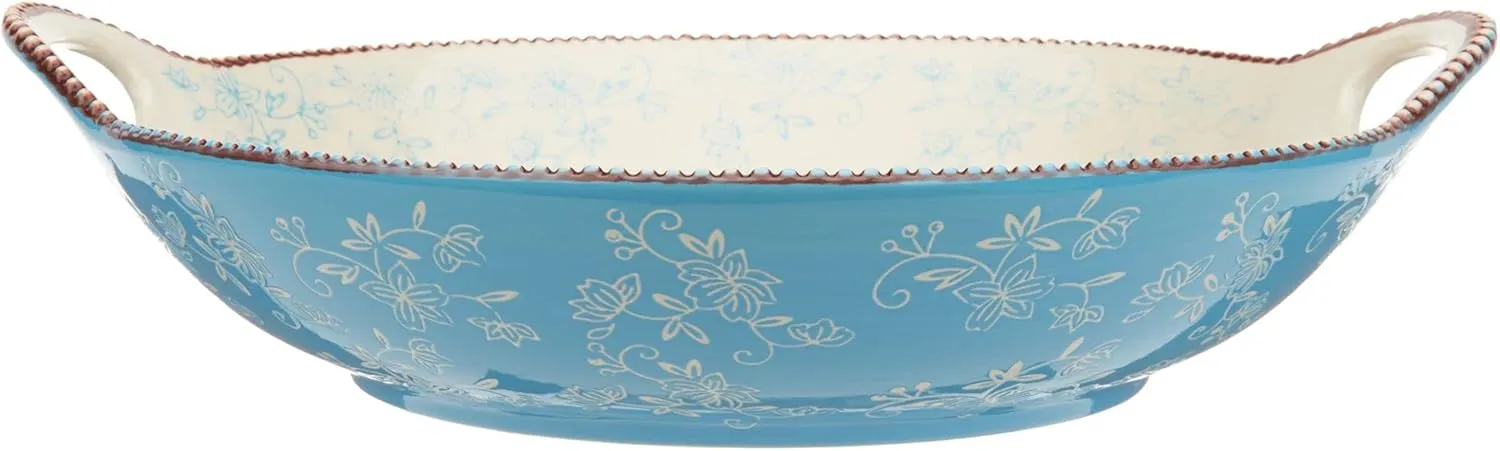 Temp-tations Round Centerpiece Bowl, 14"x13", Stoneware, Bake & Serve (Floral Lace Lime)