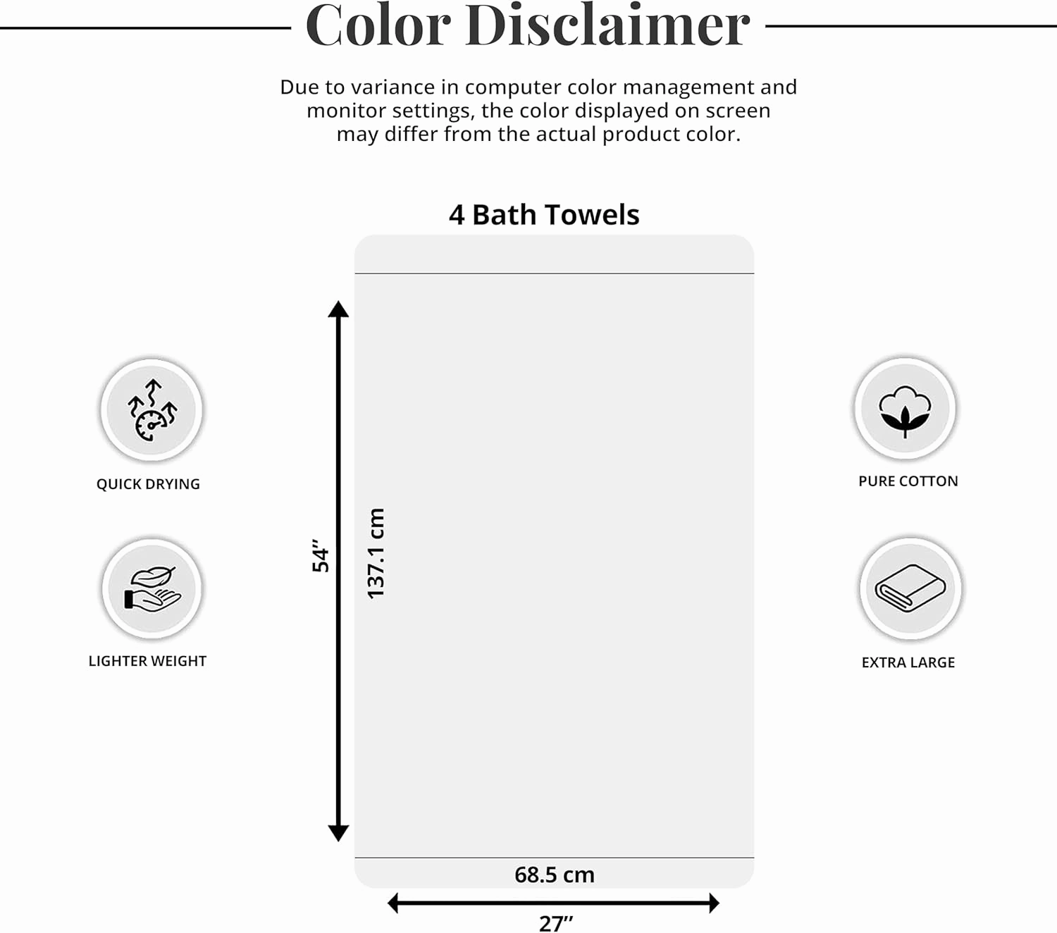 Tens Towels Pack of 4 Soft Bath Towels, 100% Cotton, 27 x 54 Inches, Lightweight & Quick-Dry, Ideal for Daily Bathroom Use, Practical & Comfortable, Beige