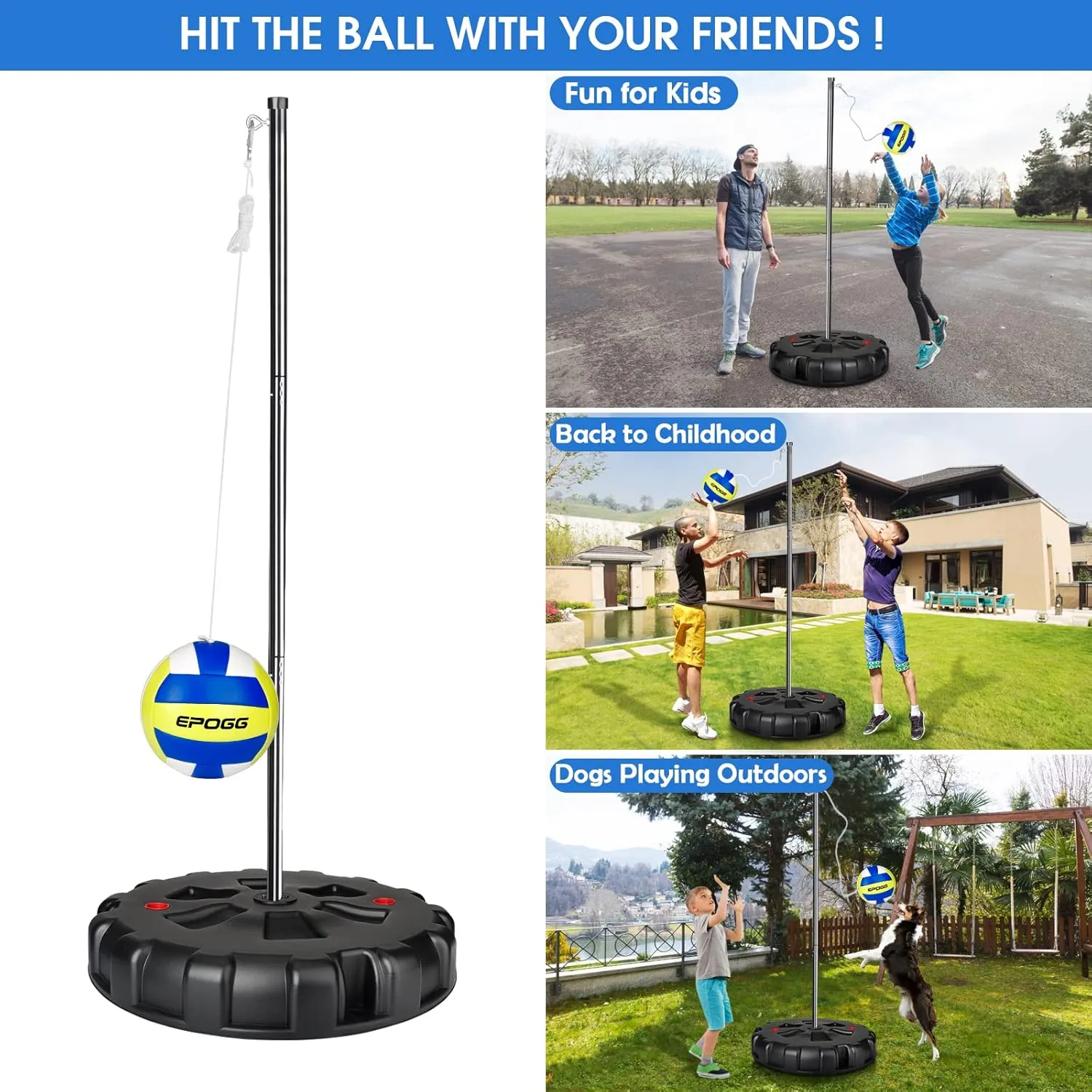 Tetherball Set with Base - Outdoor Portable Tetherball Set with Balls/Pump/Cord/Stakes/Heavy Duty Poles, Family Fun Outdoor Activity Tetherball Set for Outdoor Backyard Lawn Beach