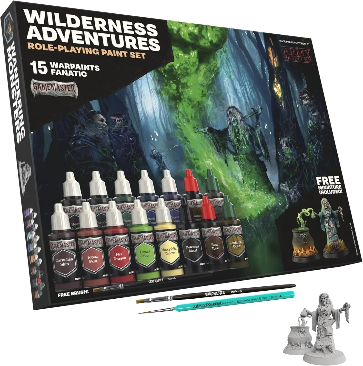 The Army Painter Wilderness Adventures DnD Acrylic Paint Combo Set - 15 Warpaints for Models & Miniatures, Acrylic Warpaints, Quickshade Washes, Metallic Paints & 2 Plastic Miniatures