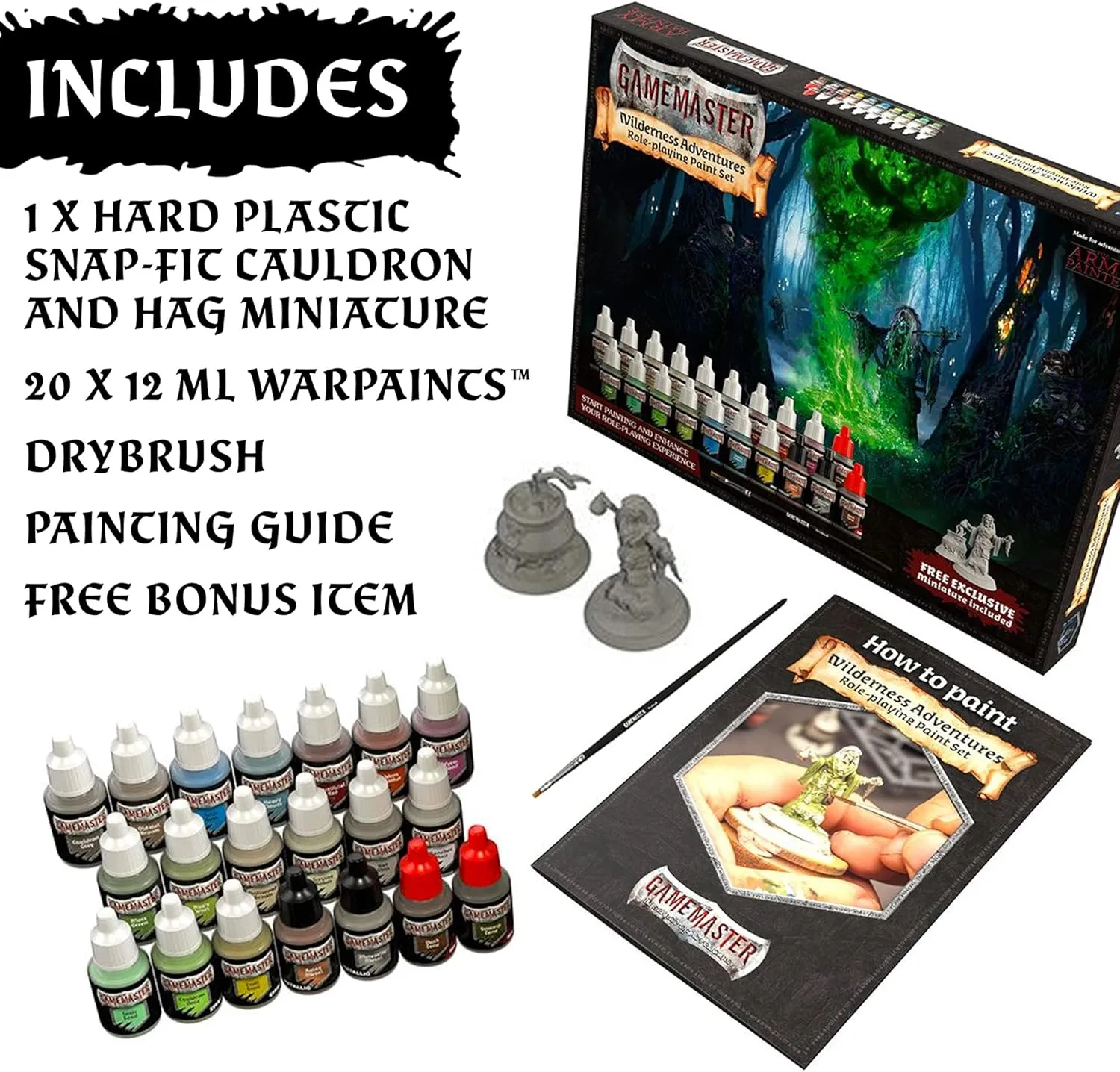 The Army Painter Wilderness Adventures DnD Acrylic Paint Combo Set - 15 Warpaints for Models & Miniatures, Acrylic Warpaints, Quickshade Washes, Metallic Paints & 2 Plastic Miniatures
