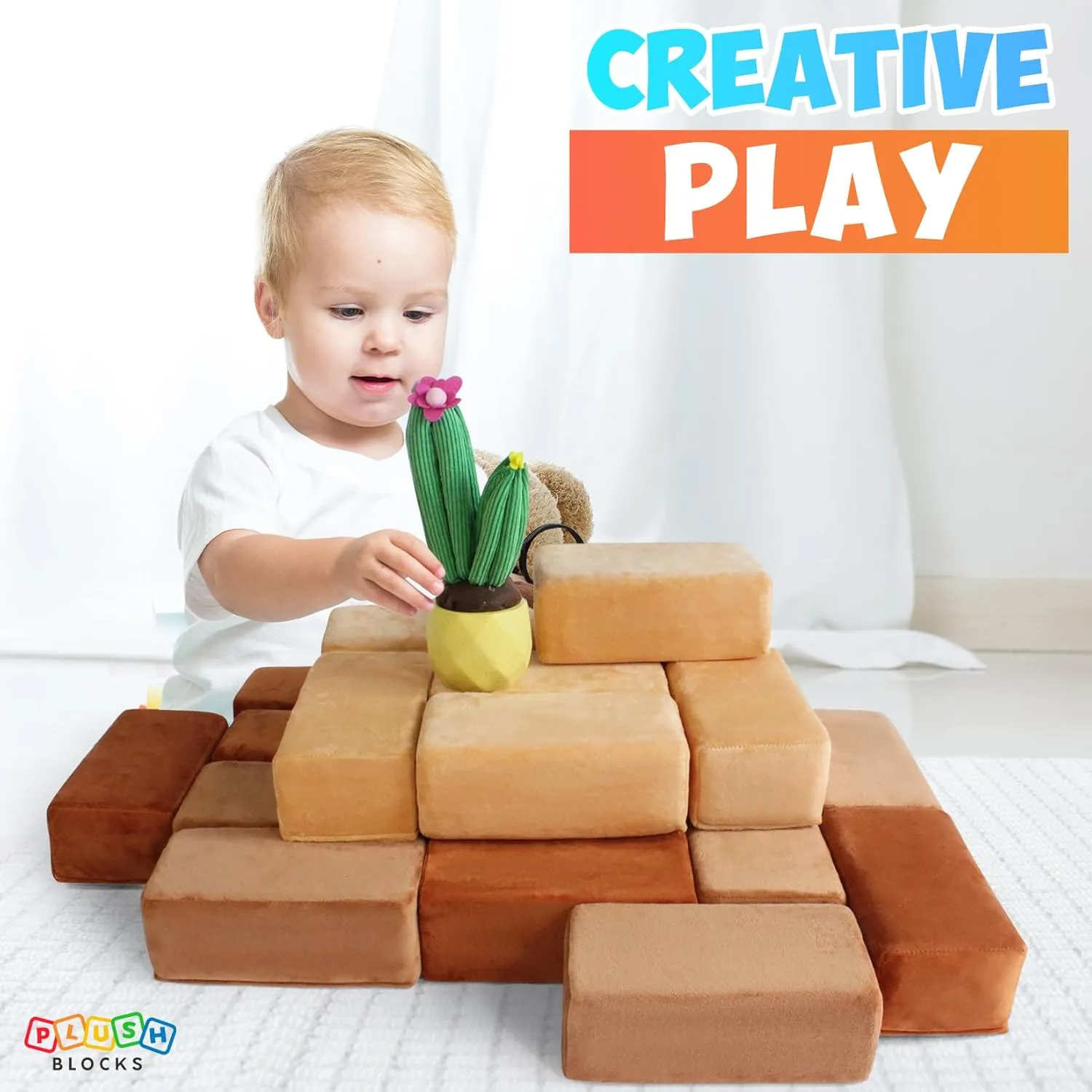 The Original Premium Plush Building Block for Kids - Certified Safe Foam Blocks in Luxuriously Soft Fabric Covers - Set of 24 (Desert)