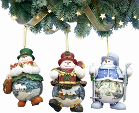 The Ashton-Drake Galleries Memories of Christmas Snowman Ornament Collection Issue #5 Set of 3 Christmas Decoration by Thommas Kinkade 4-inches