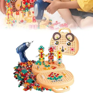Thursday Creativity Tool Box, 2023 Creative Mosaic Puzzle Toy with Electric Drill Screw Tool Set Drill and Screwdriver Tool Building Toys Kit, STEM Activities Game, stem Toys for 3  Year Old (B)