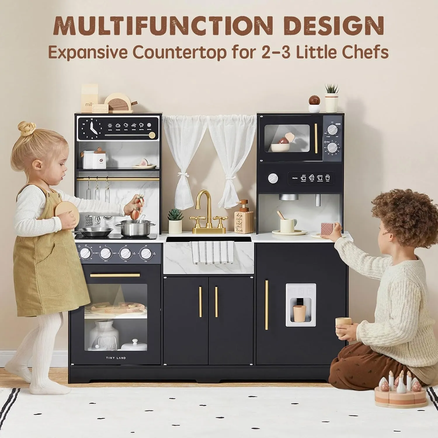 Tiny Land Play Kitchen for Kids, Wooden Play Kitchen Sets for Girls and Boys, New Modern Toddler Kitchen Toy Kitchen Designed in Trendy Home Style, Gift for Ages 3 