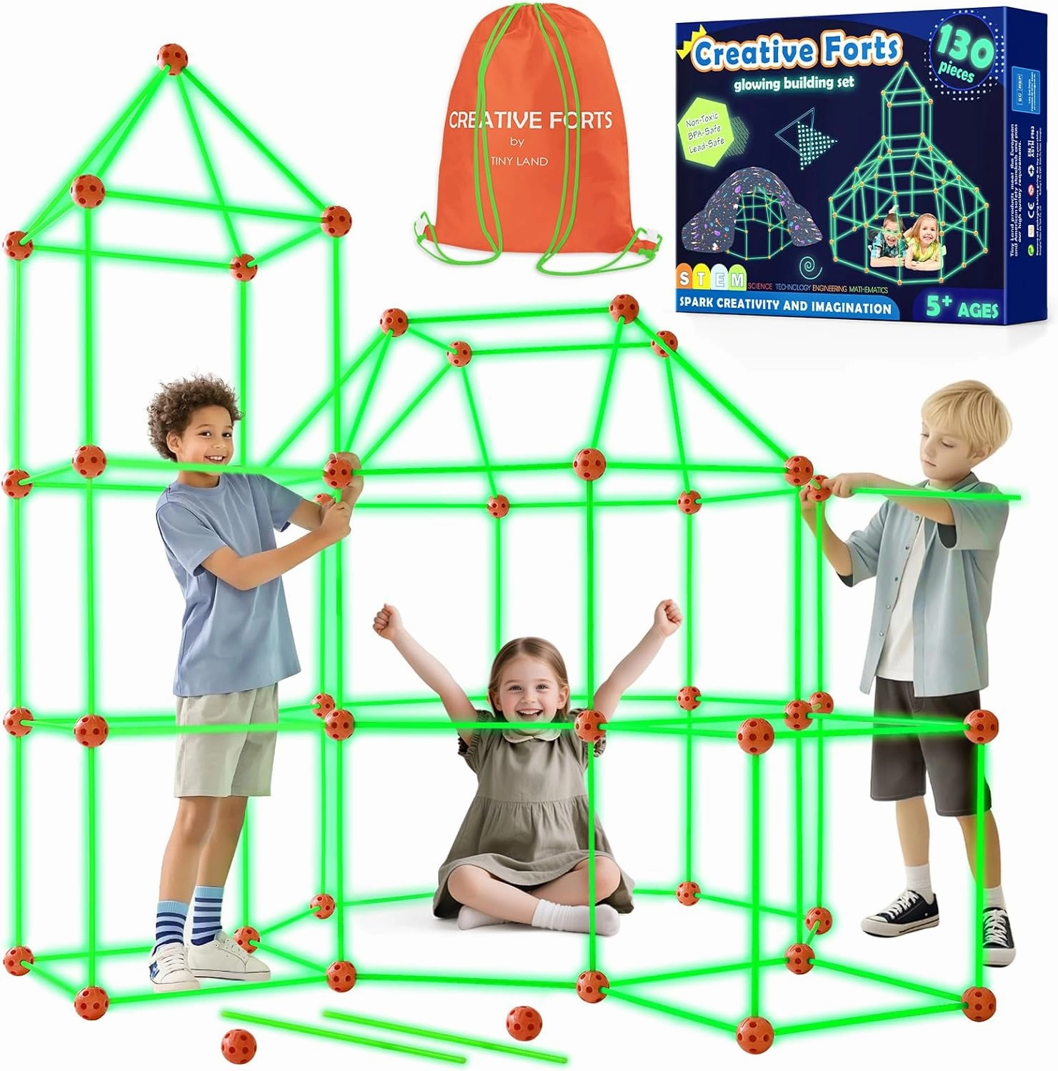 Tiny Land Glow Fort Building Kit for Kids Creative Fort Indoor & Outdoor Construction Toys with 86 Rods and 44 Balls for 5-10 Year Old Boys & Girls STEM Building Toy Gifts with Storage Bag