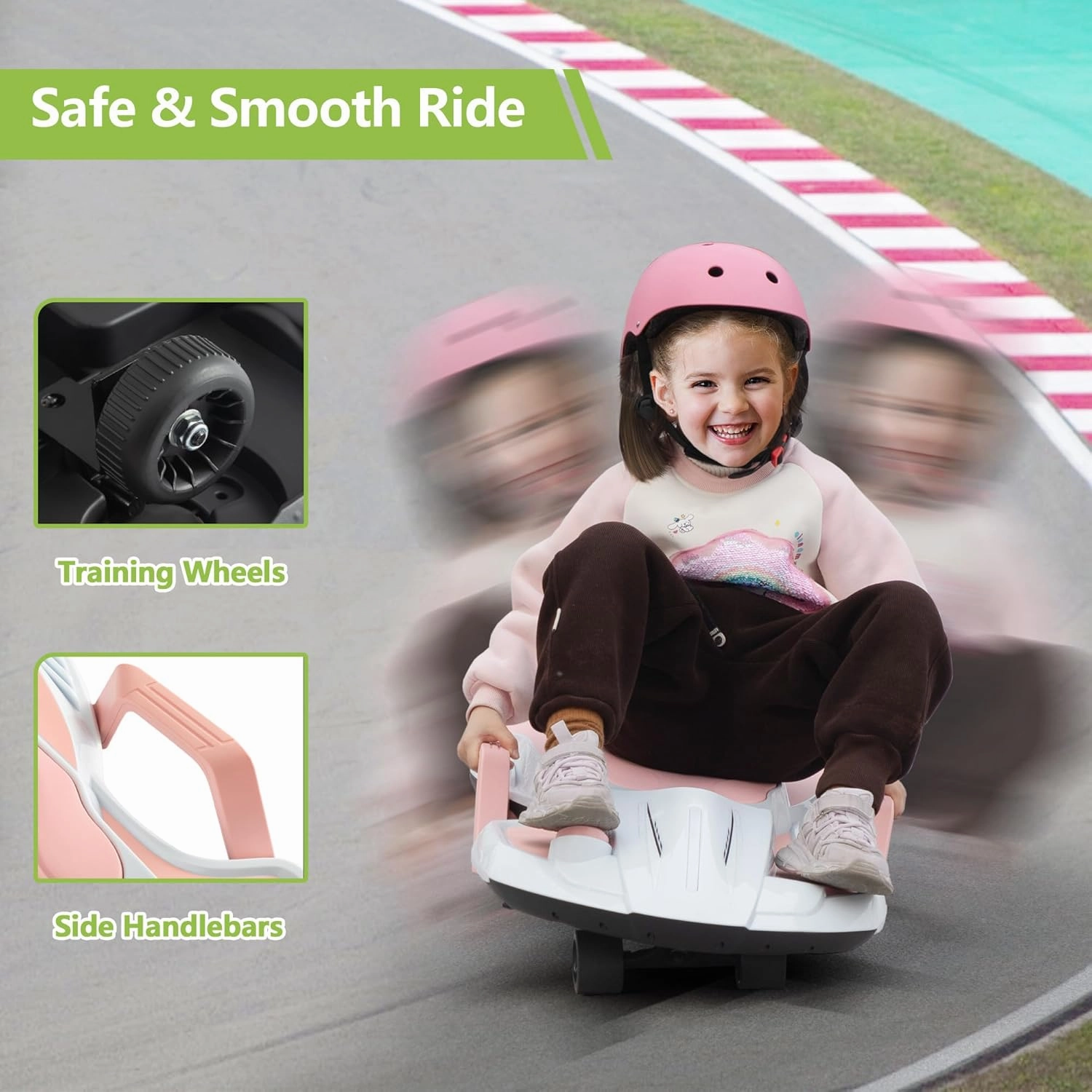 Tobbi Electric Go Kart for Ages 6 & Up with 18v 4.5AH Rechargeable Battery, 360°Spinnteractive, LED Lights, USB/MP3, Silent Motor, Ride On Car, 110 LBS, Pink