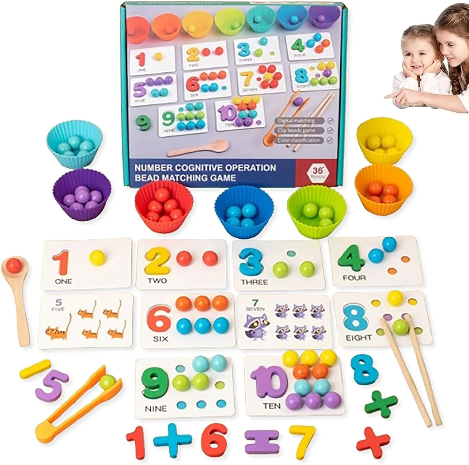 Toddler Wooden Arithmetic Math Toy Set, Early Childhood Cognitive Number Crunching Clip Bead Matching Learning Toy, Number Puzzles Education Blocks with Chopsticks and Spoons(1pc)