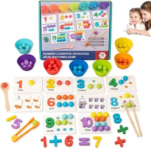 Toddler Wooden Arithmetic Math Toy Set, Early Childhood Cognitive Number Crunching Clip Bead Matching Learning Toy, Number Puzzles Education Blocks with Chopsticks and Spoons(1pc)