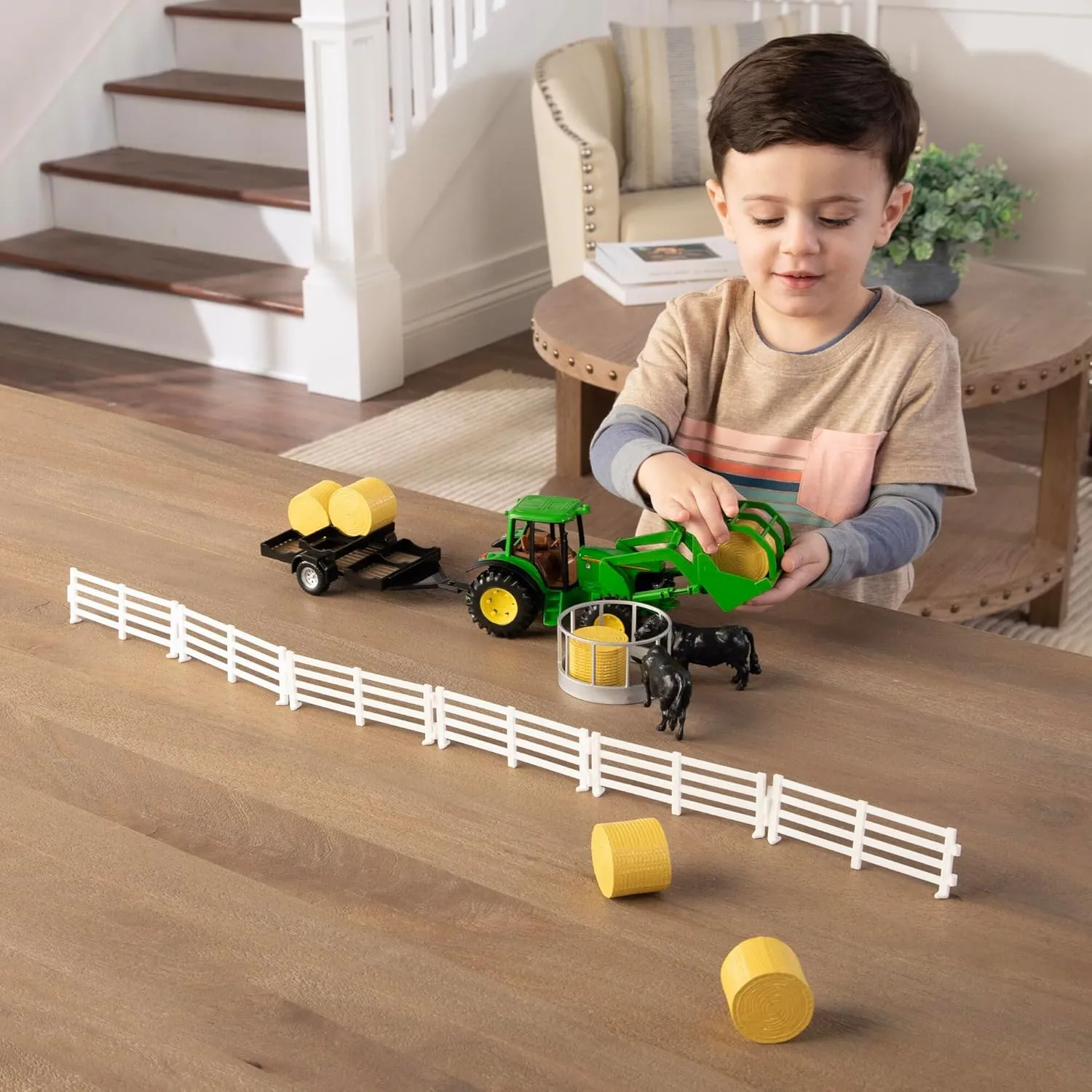 TOMY John Deere Haying Farm Playset - 1:32 Scale - Includes Tractor, Trailer, Farm Animals, and More - John Deere Tractor Toys and Farm Toys - 21 Count - Ages 3 Years and Up