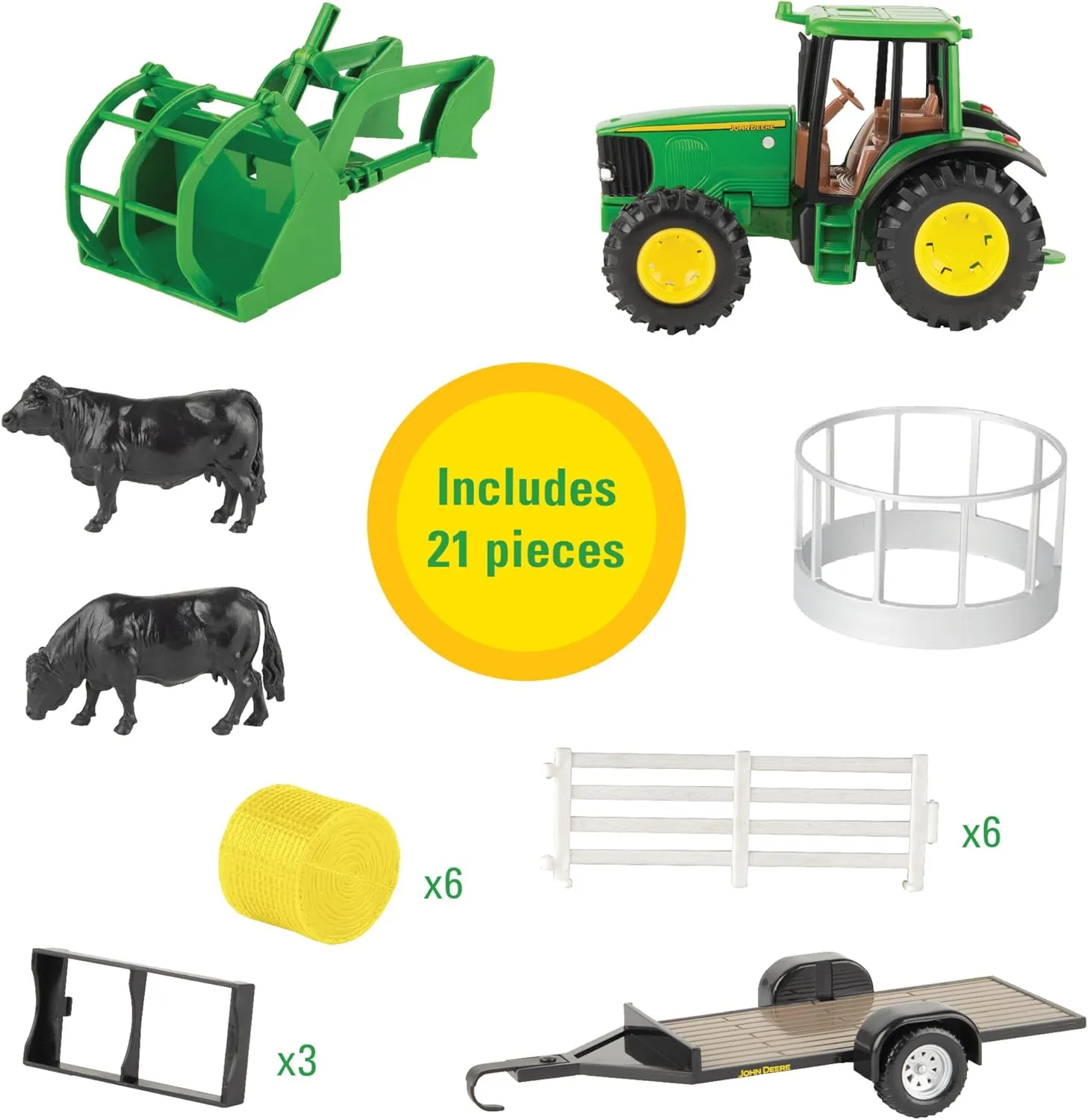 TOMY John Deere Haying Farm Playset - 1:32 Scale - Includes Tractor, Trailer, Farm Animals, and More - John Deere Tractor Toys and Farm Toys - 21 Count - Ages 3 Years and Up