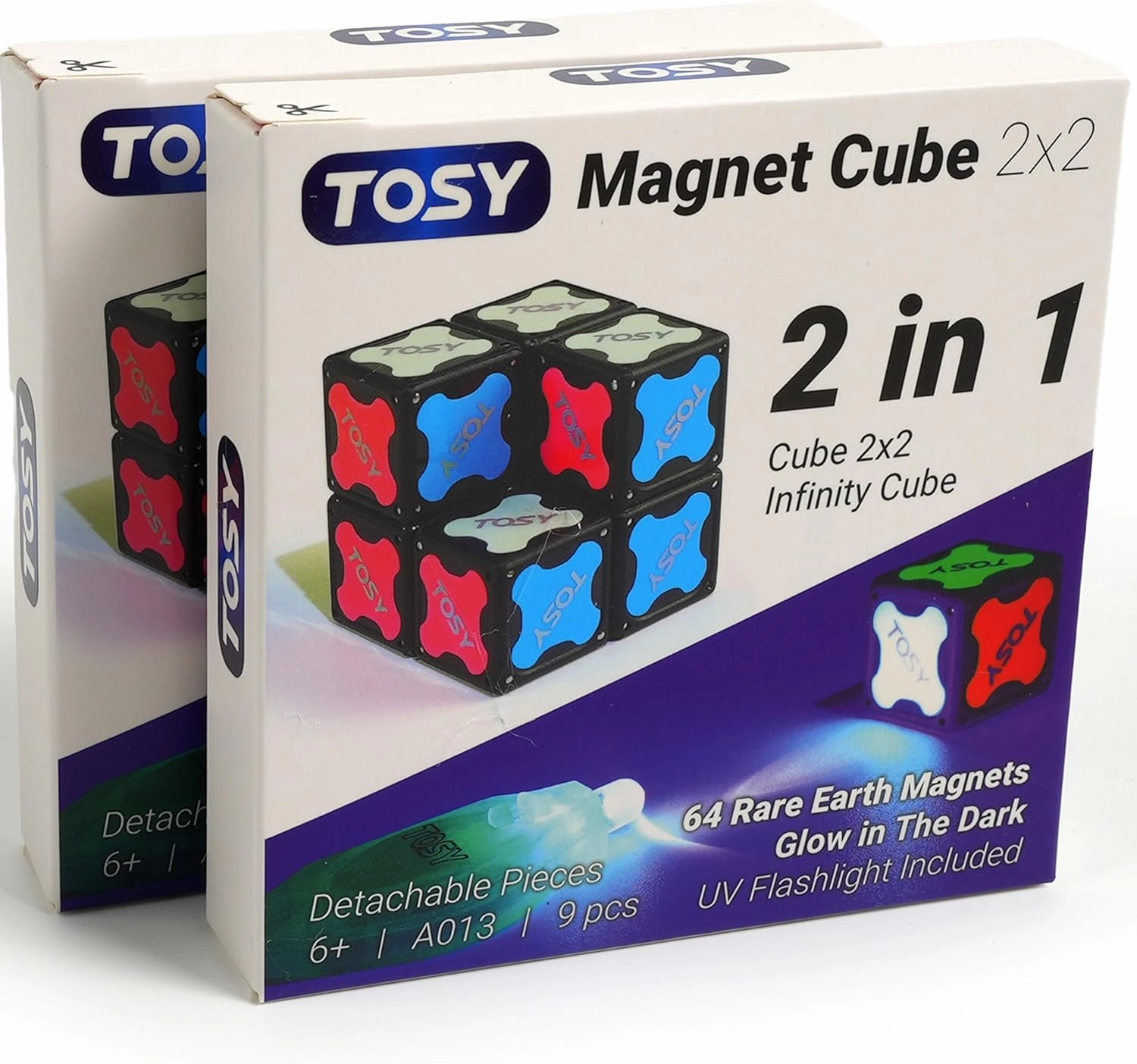TOSY Magnet Cube 2x2 - 8 Blocks, 2 in 1 Toy: 2x2x2 Puzzle Cube and Customizable Infinity Cube, Glowing, UV Flashlight, Fidget/Sensory/STEAM Magnet Tiles Birthday Gift for Kids/Teens/Adults, 2-Pack
