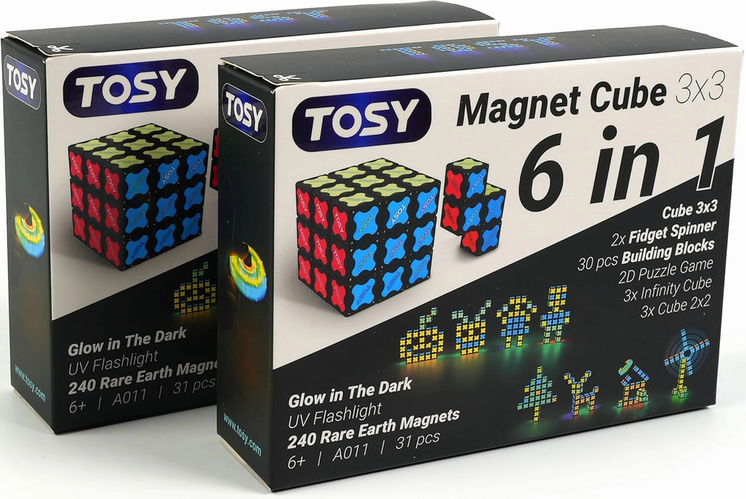 TOSY Magnet Cube 3x3 - 30 Blocks, 7in1 Toy: Puzzle Cube Game, Creative Building Blocks, Transformable Fidget Spinner, Infinity Cube, 2-Pack