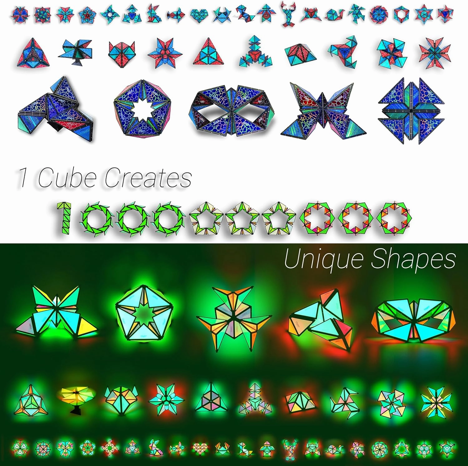 TOSY Magnet Pyramid Glow - 1 Cube Transforms into 1 Billion Shapes, 12 Pieces, 243 Rare Earth Magnets, Glowing, Holographic Design Magnet Tiles Creative Puzzle STEAM Toy