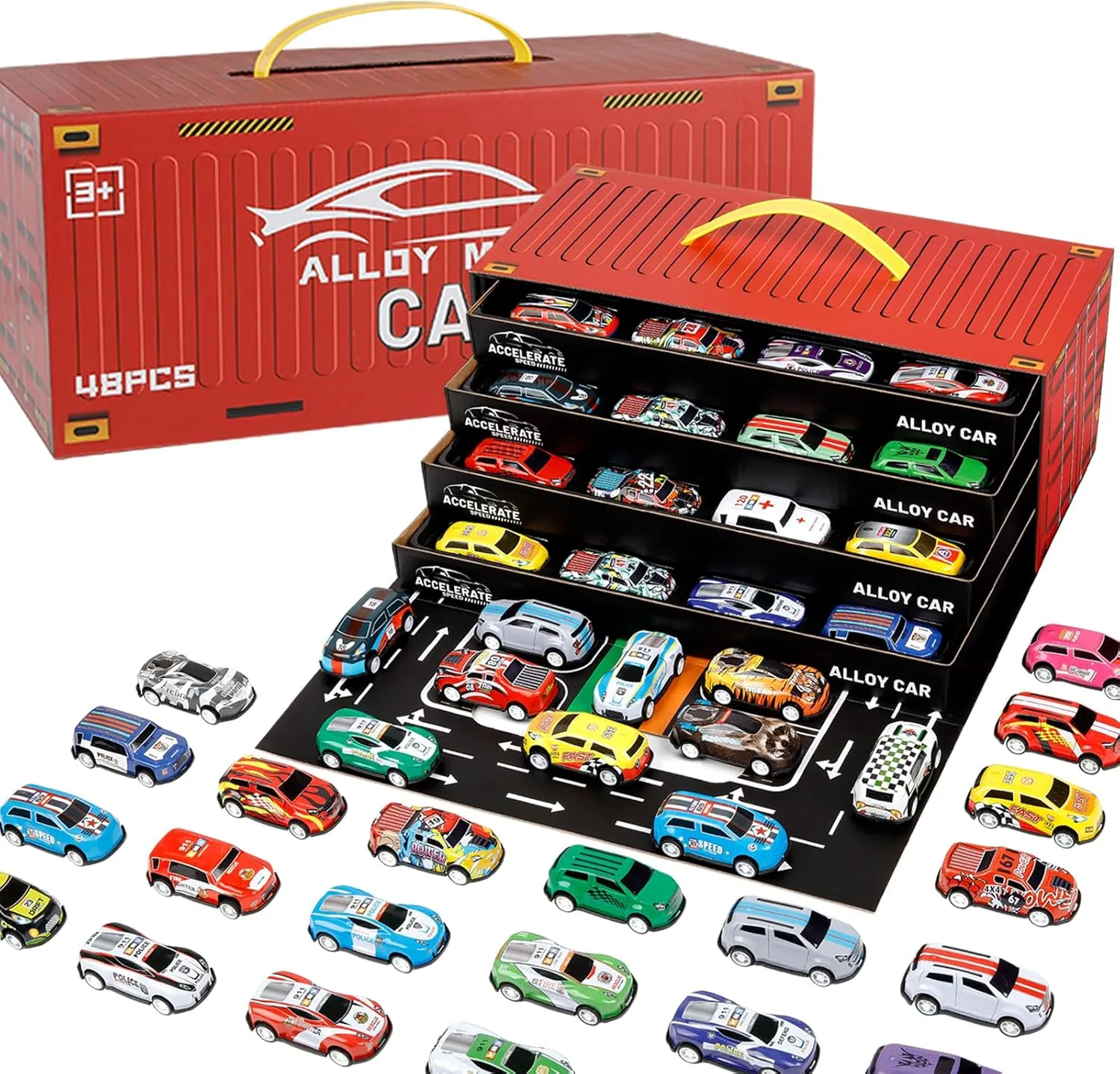 Toy Cars Mini Cars Bulk for Kids, Pull Back Cars Set Alloy Racing Car Toys with Garage & Runway,Goodie Bag Stuffers Party Favors for Age 3 4 5 6 7 8  Years Old Boys Girls(48pcs Red)