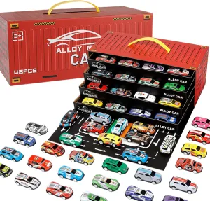 Toy Cars Mini Cars Bulk for Kids, Pull Back Cars Set Alloy Racing Car Toys with Garage & Runway,Goodie Bag Stuffers Party Favors for Age 3 4 5 6 7 8  Years Old Boys Girls(48pcs Red)