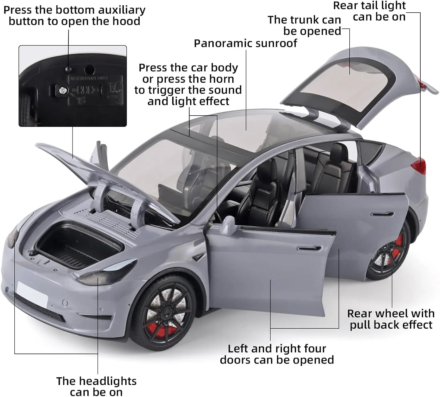 Toy Cars Y 1/24 Zinc Alloy Diecast Metal Model Car, Pull Back Toy Model with Light and Music, Suitable for Children Aged 3 and Above as Gifts(Grey)