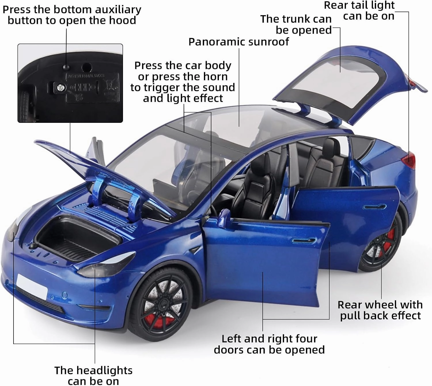 Toy Cars Y 1/24 Zinc Alloy Diecast Metal Model Car, Pull Back Toy Model with Light and Music, Suitable for Children Aged 3 and Above as Gifts(Blue)