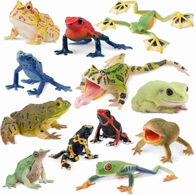 Toymany Frog Toy Figures, Plastic Rainforest Woodland Animals Toy Frogs Set with Realistic Poison Dart Frog, Cake Topper Party Favor Garden Flowerpot Plants Decor