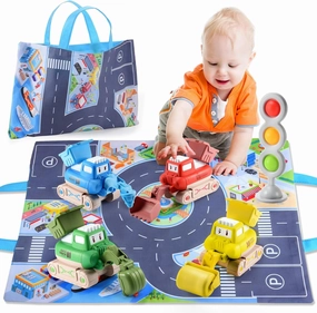 Toyze Press and Go Car Toys for Toddlers 1-3, Baby Truck Vehicle Set with Playmat/Storage Bag Traffic Signal, First Birthday Gifts for Toddler Toys Age 1 
