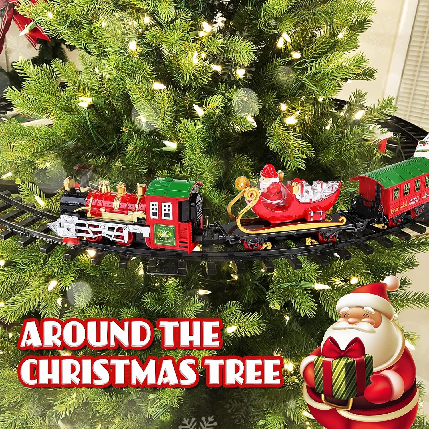 Train Set - Christmas Train Set Around & Under The Tree, Electric Train Set with Light & Sound, Battery Operated Kids Train Toys with Locomotive Engine Cars Tracks, Gift for Boys Girls