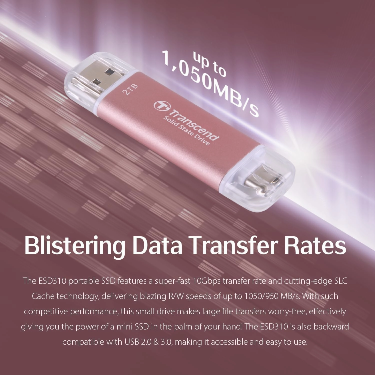 Transcend 1TB External SSD, Up to 1,050MB/s, USB 3.2 Gen 2 Portable SSD, 2-in-1 Type C &Type A, USB Hard Drive for Steam Deck, ROG Ally, MSI Claw, Windows&Mac, iPhone&iPad, Android, PS5&Xbox, Smart TV