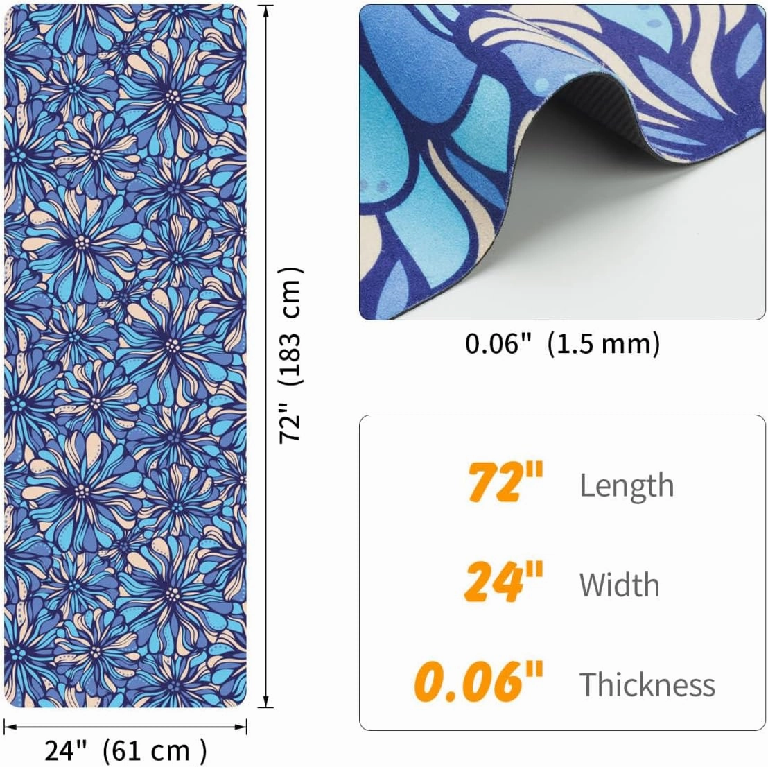 Travel Foldable Suede Yoga Mat, Tear-resistant Non-Slip Durable Fitness Mat, Tote Bag included for Yoga Pilates Exercise Workout, 0.06 Inch/1.5 mm Thick, 72 x 24 Inch/183 x 61 cm