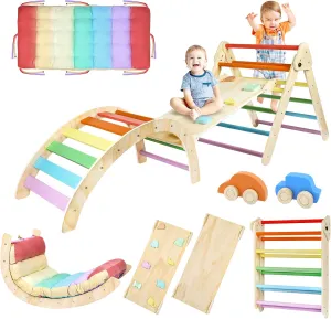 Triangle Climbing Set, 7 in 1 Wooden Climbing Toys for Toddler 18 Months-3 Years Inside, Foldable Colorful Montessori Jungle Gym, Indoor Playground Play & Development with Wooden Cars Arch Ramp Ladder