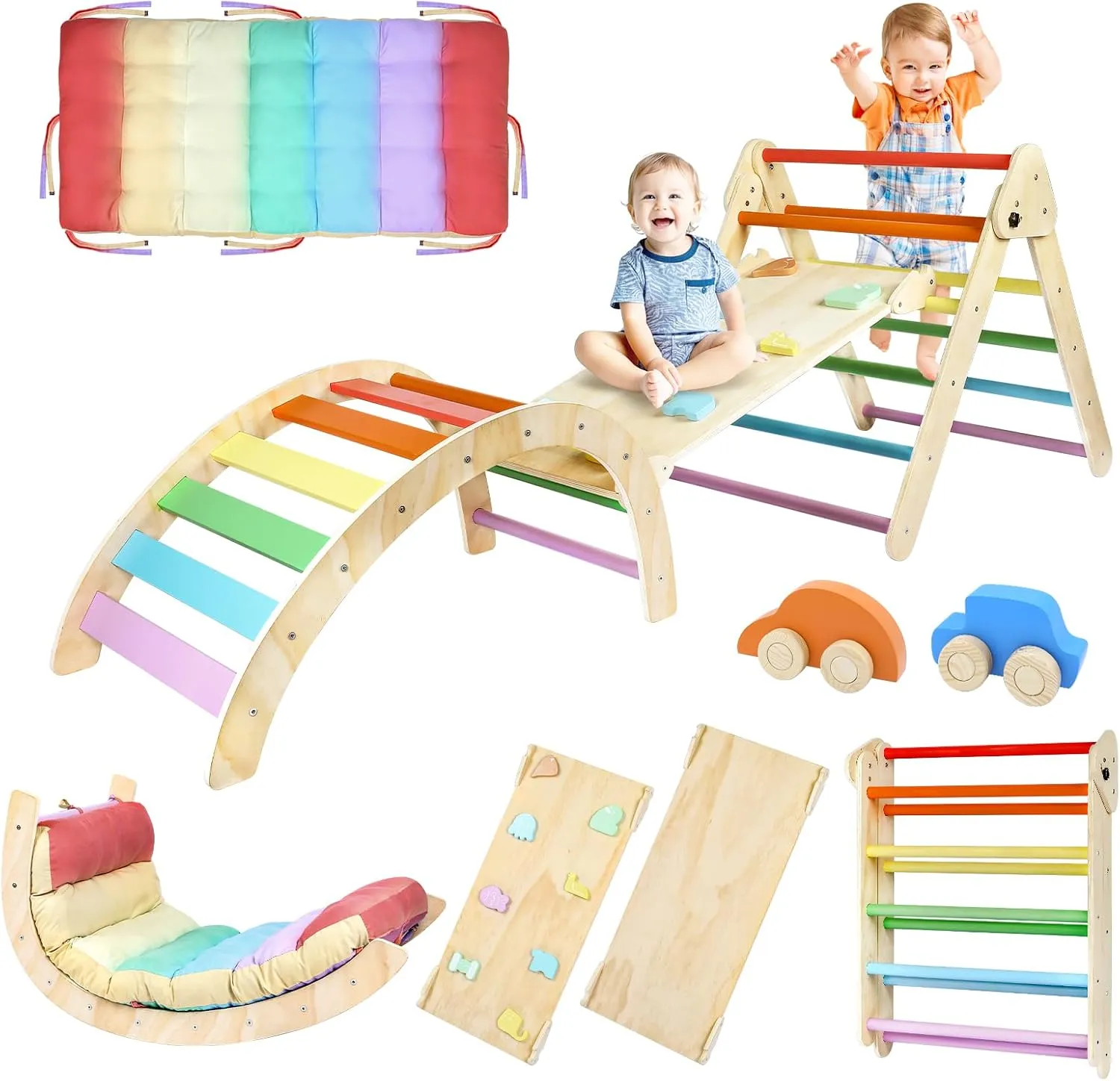 Triangle Climbing Set, 7 in 1 Wooden Climbing Toys for Toddler 18 Months-3 Years Inside, Foldable Colorful Montessori Jungle Gym, Indoor Playground Play & Development with Wooden Cars Arch Ramp Ladder