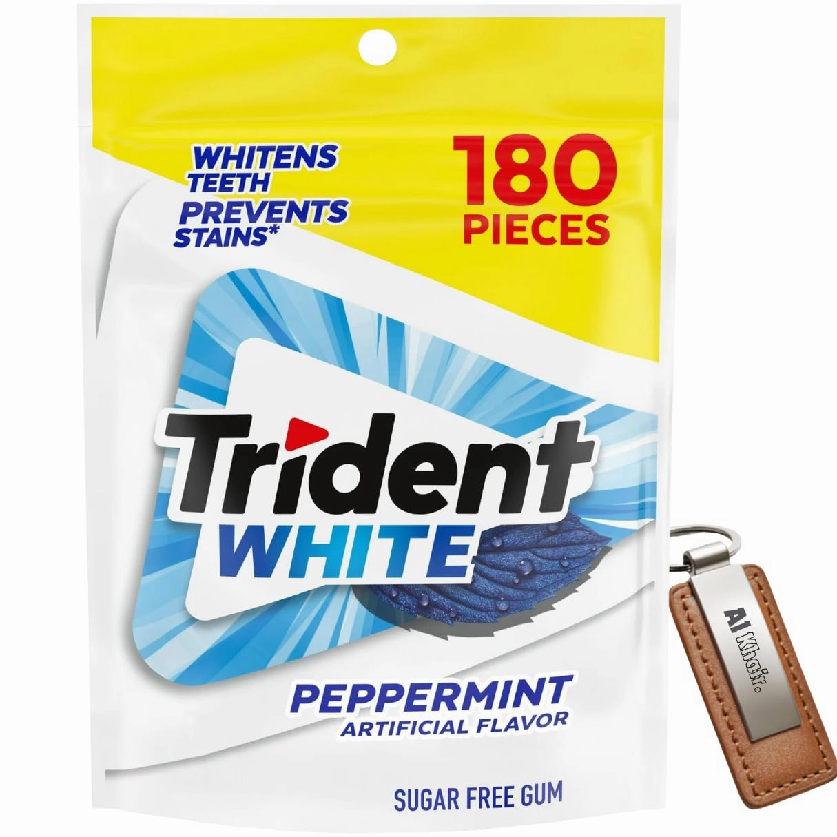 Trident White Sugar Free Gum, Peppermint Flavour 180 Pieces Pouch (Al Khair Trademark Key Chain Included)