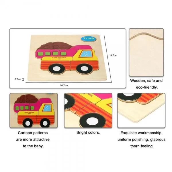 Truck Shaped Wooden Puzzle Block Cartoon Educational Toy Multicolor