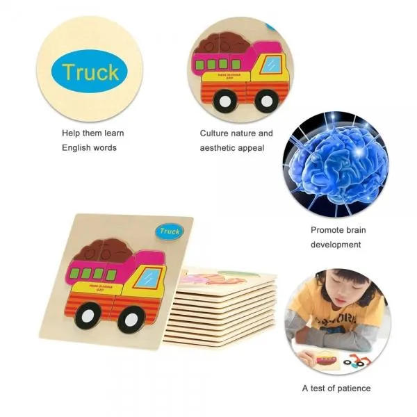 Truck Shaped Wooden Puzzle Block Cartoon Educational Toy Multicolor