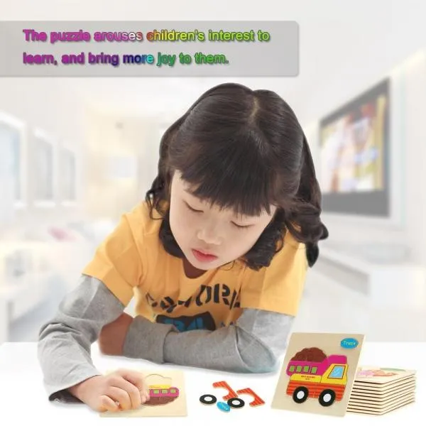 Truck Shaped Wooden Puzzle Block Cartoon Educational Toy Multicolor