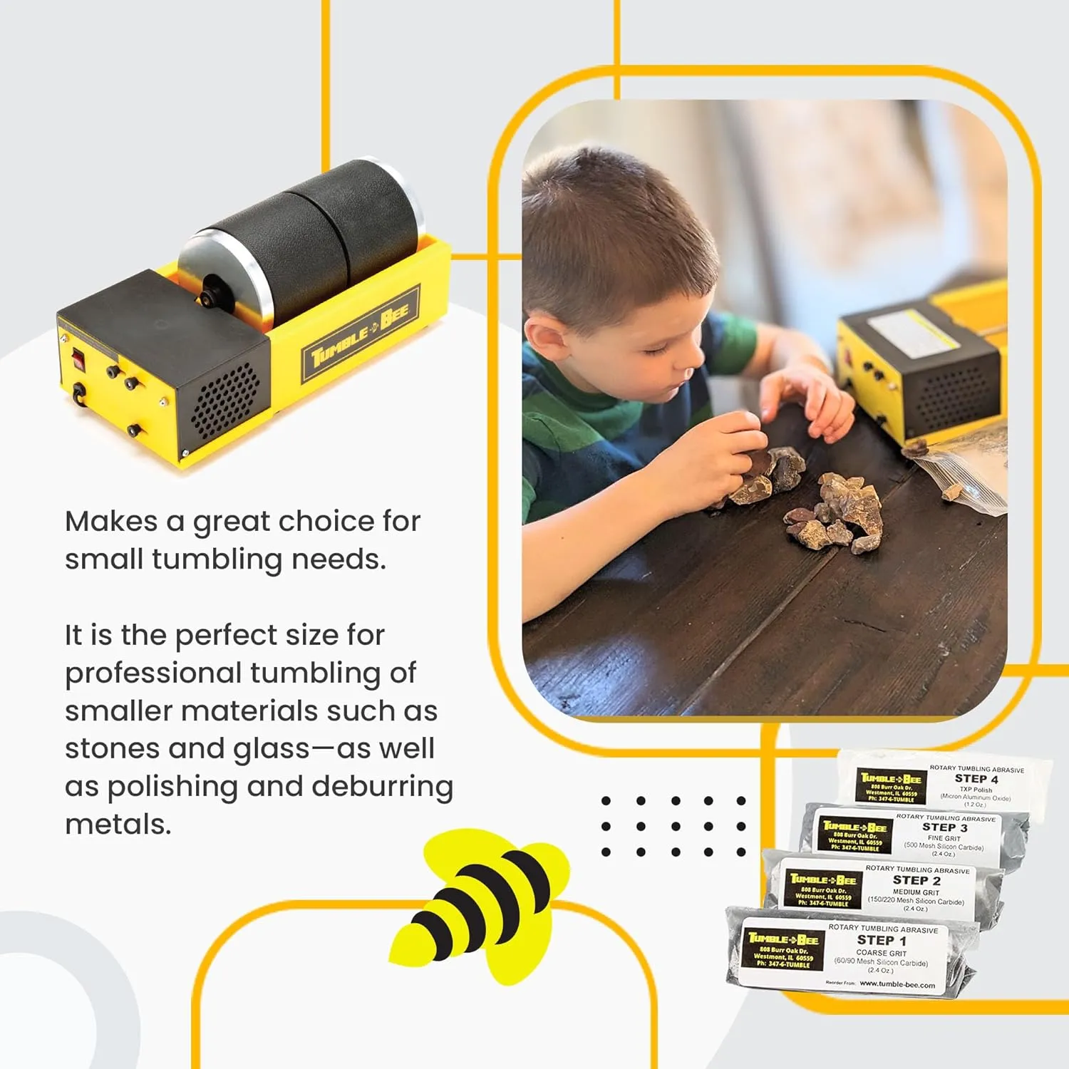 Tumble-Bee Rock Tumbler - Double Tumbler for Adults and Kids - Rotary Machine for Stone, Rock, Metal and Sea Glass - Polishing Machine Kit for Professionals & Hobbyists - Model TB-22-KIT