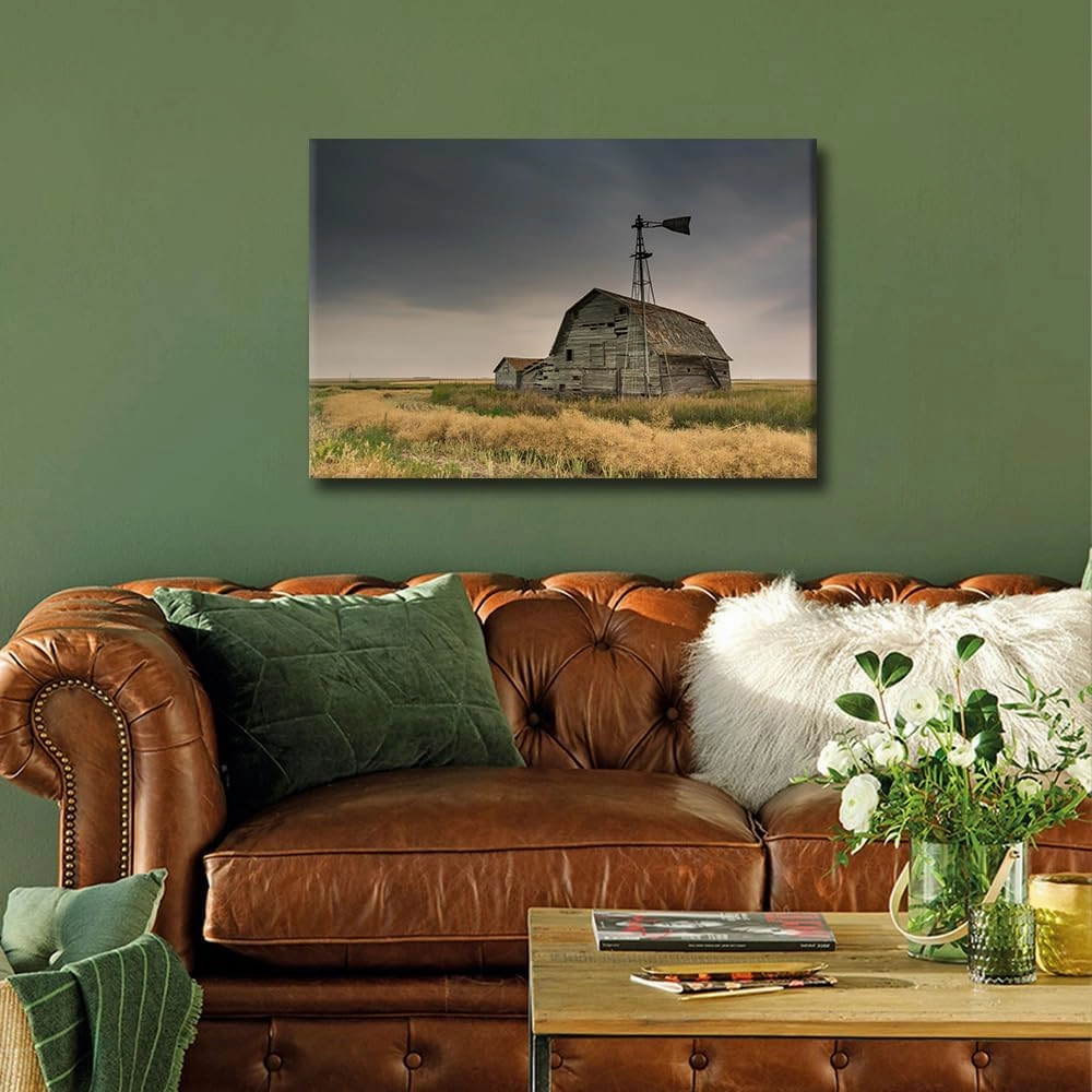 TUMOVO 1 Panel Wall Art for Living Room Large Size Nature Landscape Office Wall Decor Canvas Prints Rustic Old Barn Windmills Modern Artwork for Bedroom Bathroom Framed Ready to Hang, 36x24in