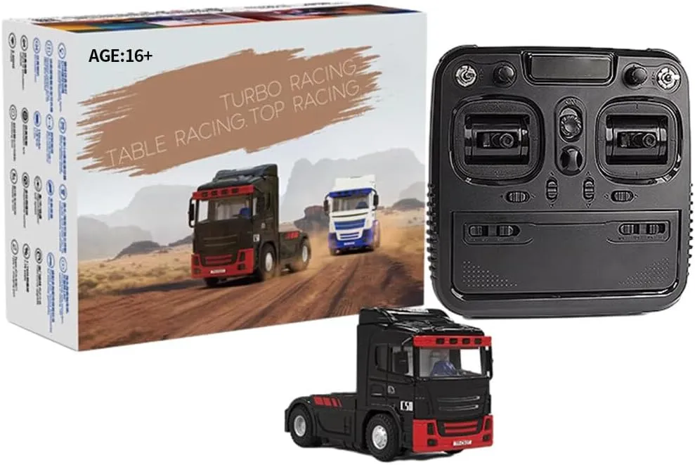 Turbo Racing 1/76 Scale Racing Mini RC Drift Car, 2.4G RC Electric 3CH 4WD Truck Tractor Model, Birthday Xmas Gift for Adults（Red & Black）