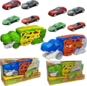 Two Pack Dinosaurs Toy Truck with Launcher, 8 Metal Cars, Slide-Out Rear Race Track, Top Carrying Handle for Kids, Birthdays, Celebrations