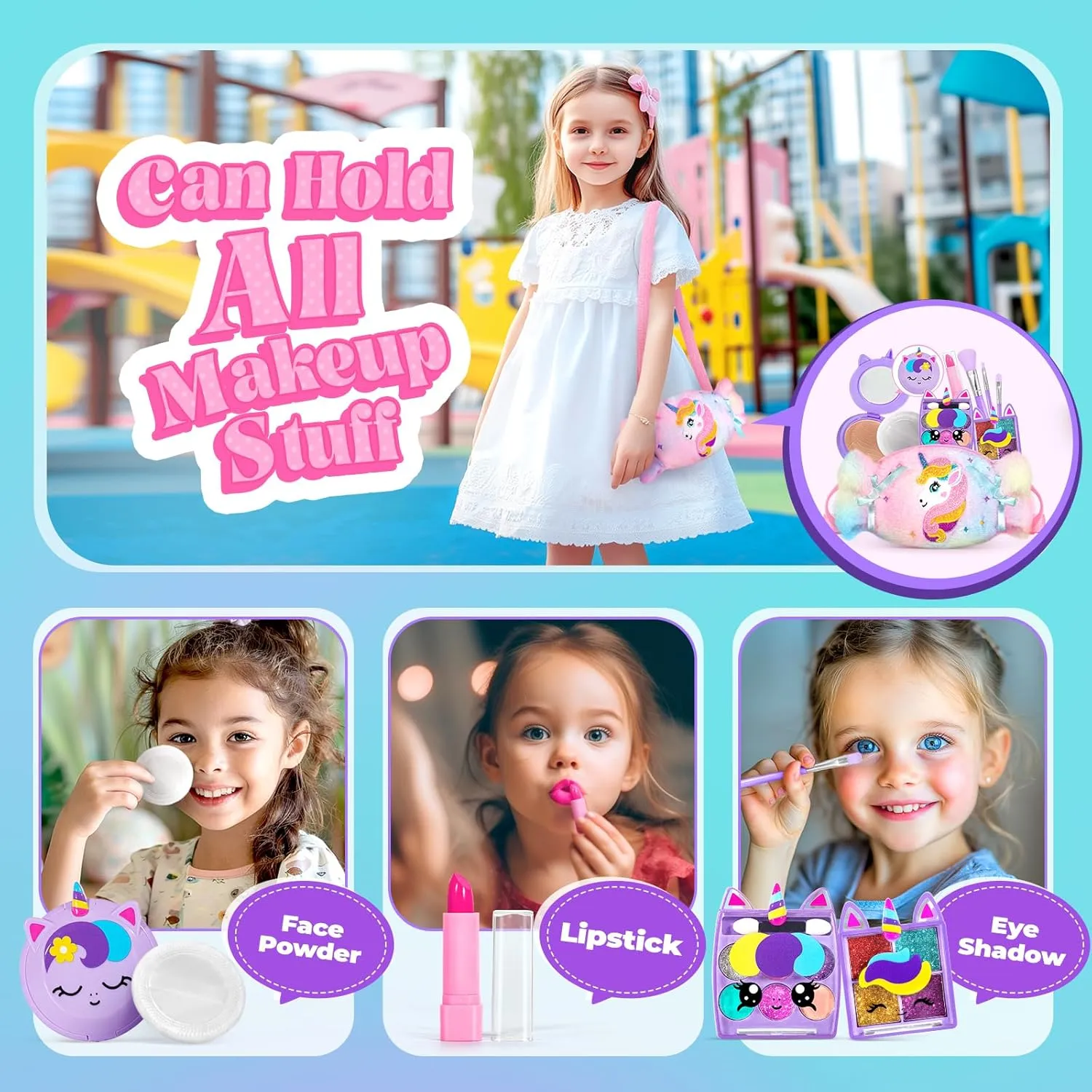 ULOVEME Kids Real Makeup Kit for Little Girls - Real, Non Toxic, Washable Make Up Toy - Umicorn Toys Gift for 3 4 5 6 7 8 9 10 12 Years Old Girls Birthday (Candy Shaped Rainbow Purse)
